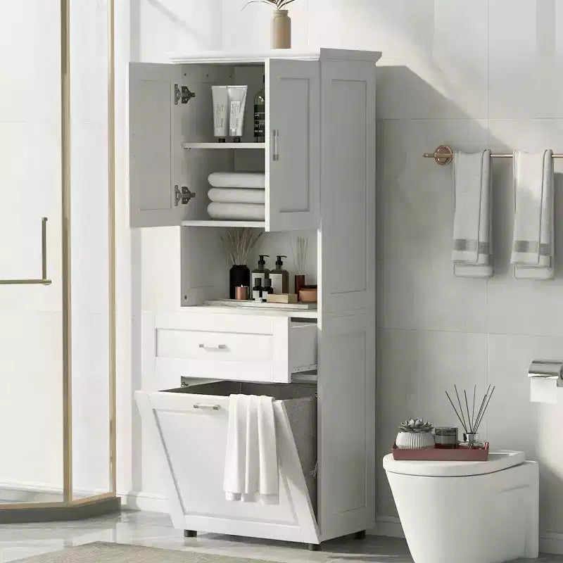 Mobile Contenitore Alto da Bagno Moderno in Legno con Cesto Portabiancheria Inclinabile, Doppie Ante e Cassetto