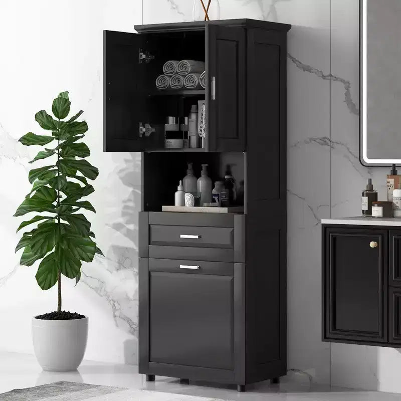 Mobile Contenitore Alto da Bagno Moderno in Legno con Cesto Portabiancheria Inclinabile, Doppie Ante e Cassetto