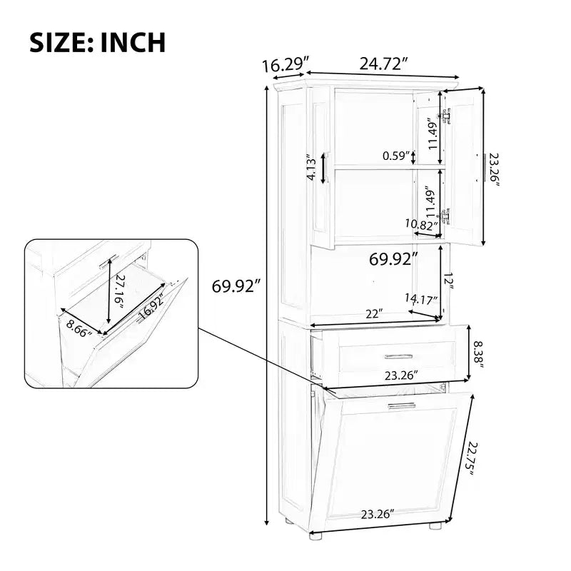 Mobile Contenitore Alto da Bagno Moderno in Legno con Cesto Portabiancheria Inclinabile, Doppie Ante e Cassetto