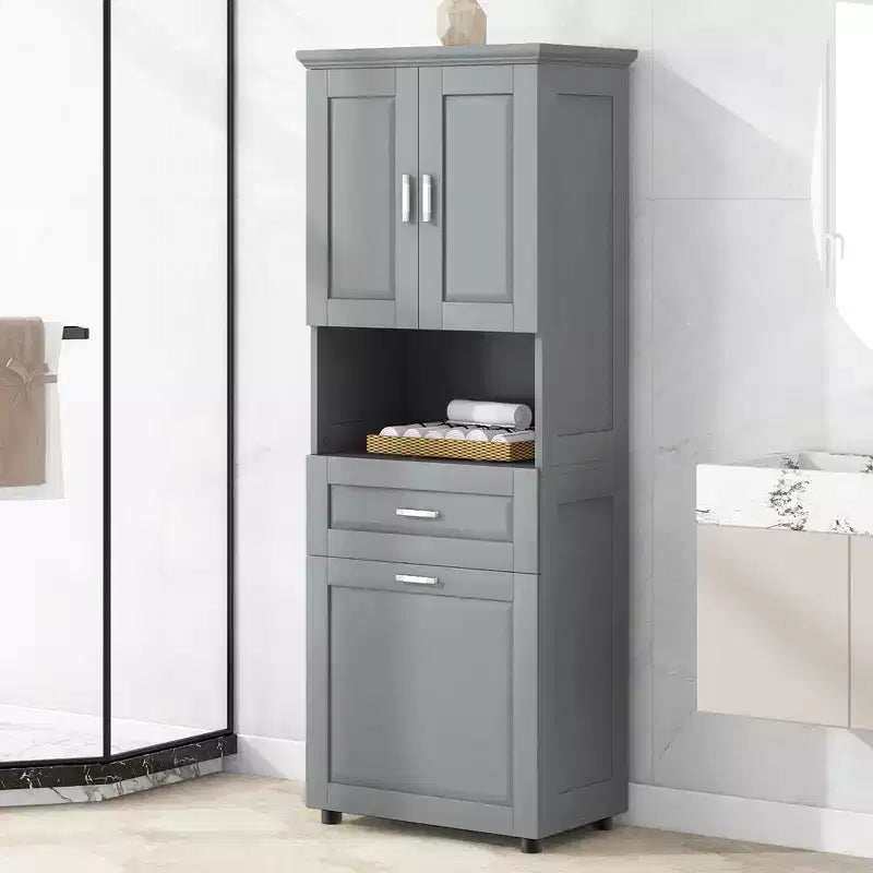 Mobile Contenitore Alto da Bagno Moderno in Legno con Cesto Portabiancheria Inclinabile, Doppie Ante e Cassetto