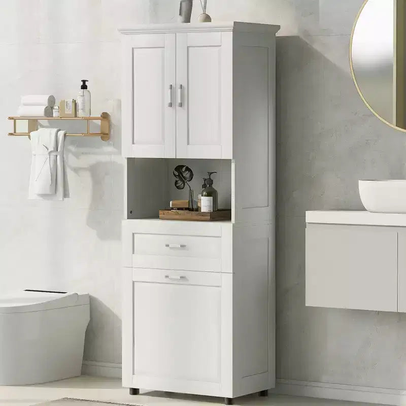 Mobile Contenitore Alto da Bagno Moderno in Legno con Cesto Portabiancheria Inclinabile, Doppie Ante e Cassetto