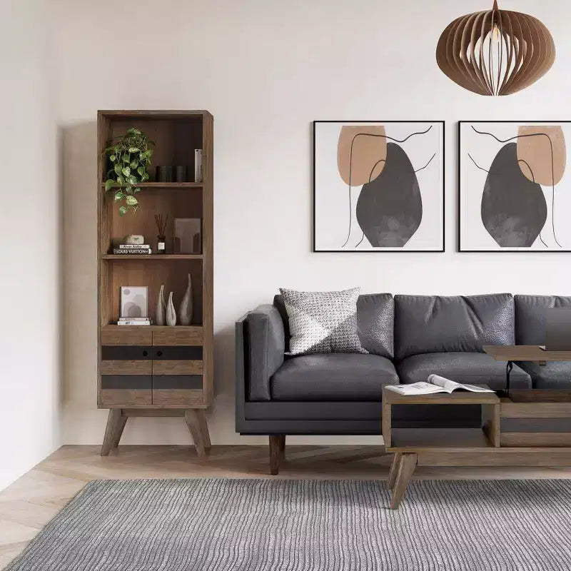 Libreria Mid-Century da 70" con Ante, Marrone Invecchiato Naturale Rustico - 2 Ante, 4 Ripiani