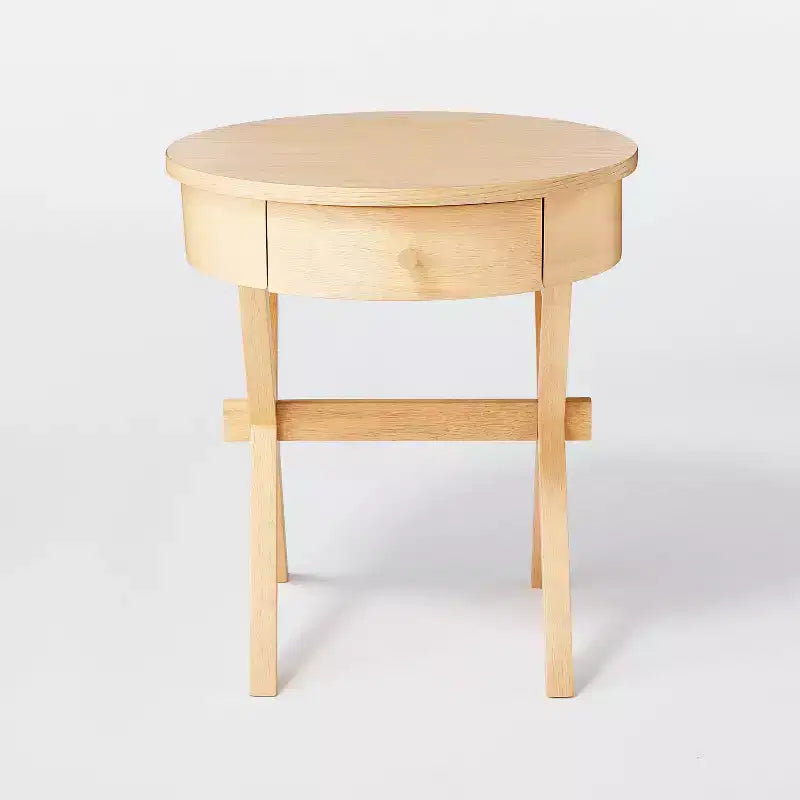 Tavolino rotondo in legno con cassetto, naturale chiaro