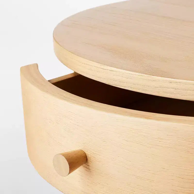 Tavolino rotondo in legno con cassetto, naturale chiaro