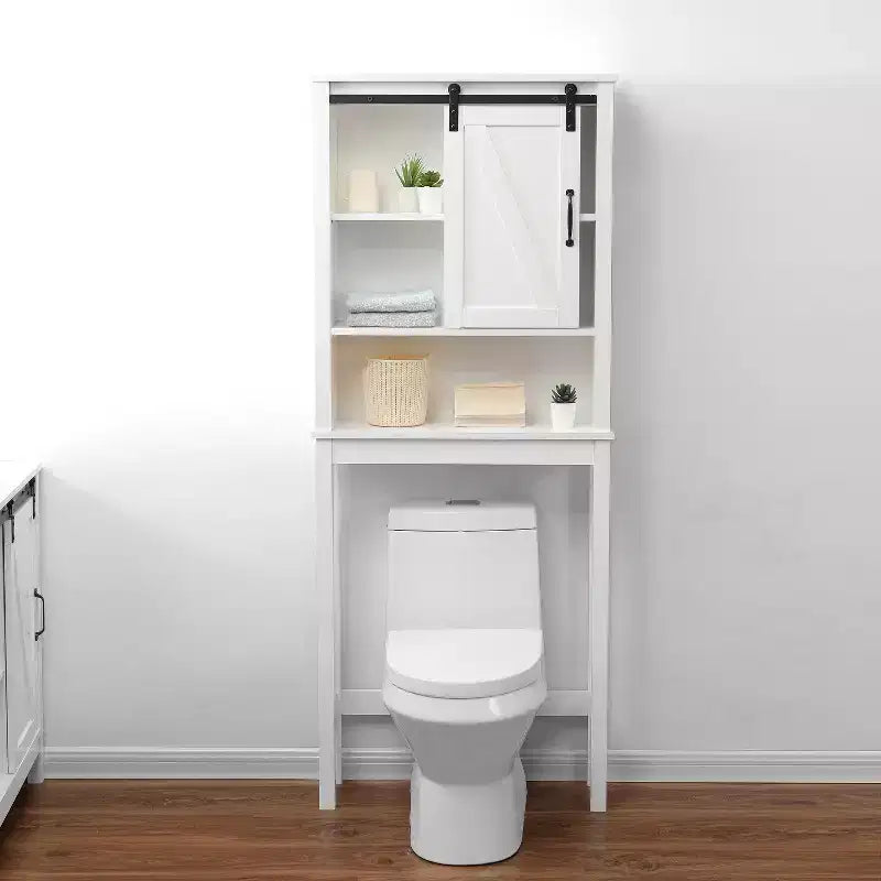 Armadietto Salvaspazio da Bagno Sopra il WC Bianco Stile Rustico con Anta Scorrevole e 5 Ripiani