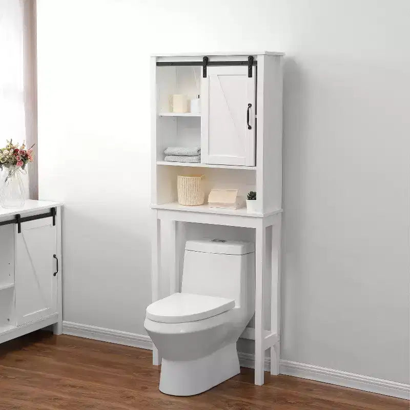 Armadietto Salvaspazio da Bagno Sopra il WC Bianco Stile Rustico con Anta Scorrevole e 5 Ripiani