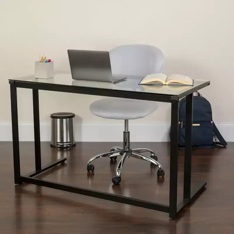 Scrivania per computer con piano in vetro e piedistallo nero in metallo