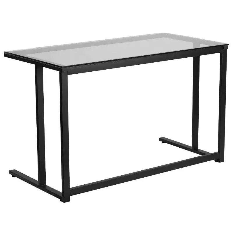 Scrivania per computer con piano in vetro e piedistallo nero in metallo