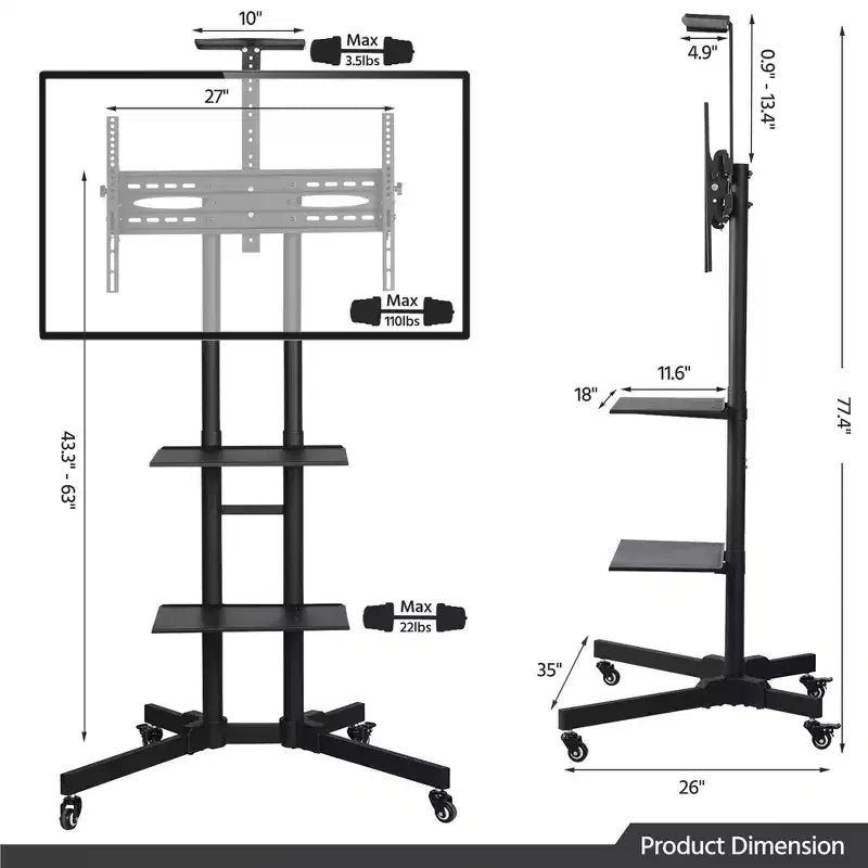 Carrello TV mobile regolabile in metallo, nero, adatto per TV da 30"-61"