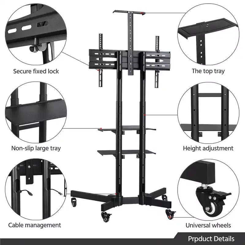 Carrello TV mobile regolabile in metallo, nero, adatto per TV da 30"-61"