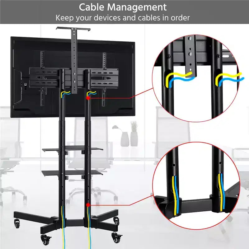 Carrello TV mobile regolabile in metallo, nero, adatto per TV da 30"-61"