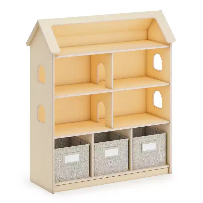 Libreria Casa delle Bambole - Mobili da Gioco per Bambini in Legno con Cestini