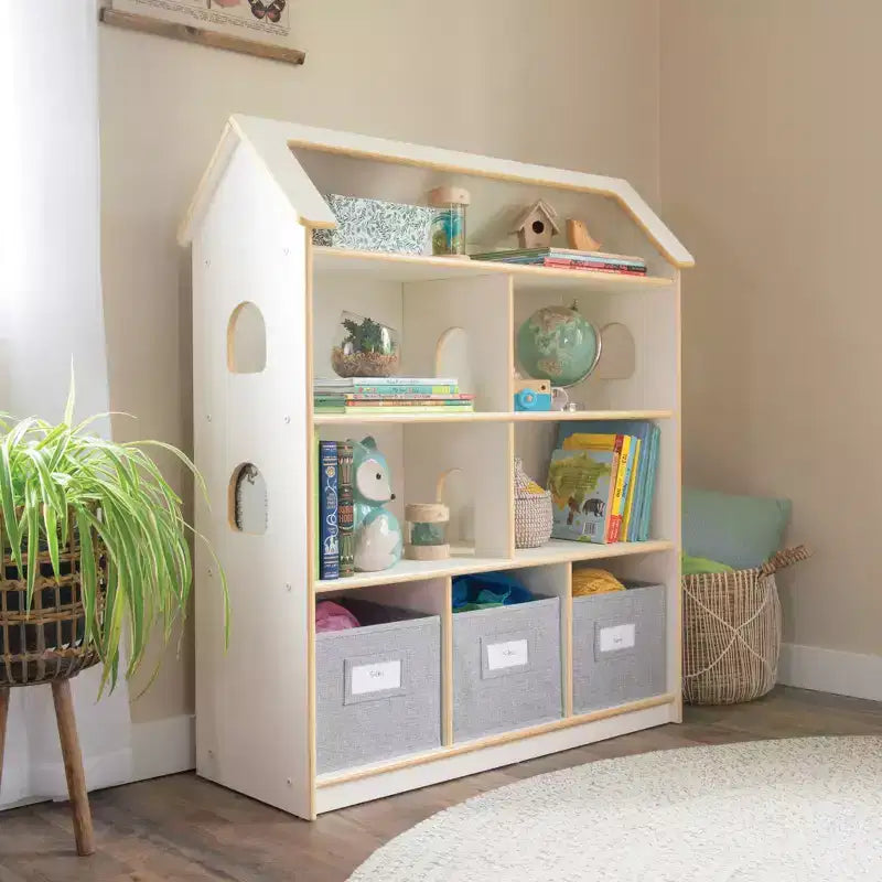 Libreria Casa delle Bambole - Mobili da Gioco per Bambini in Legno con Cestini